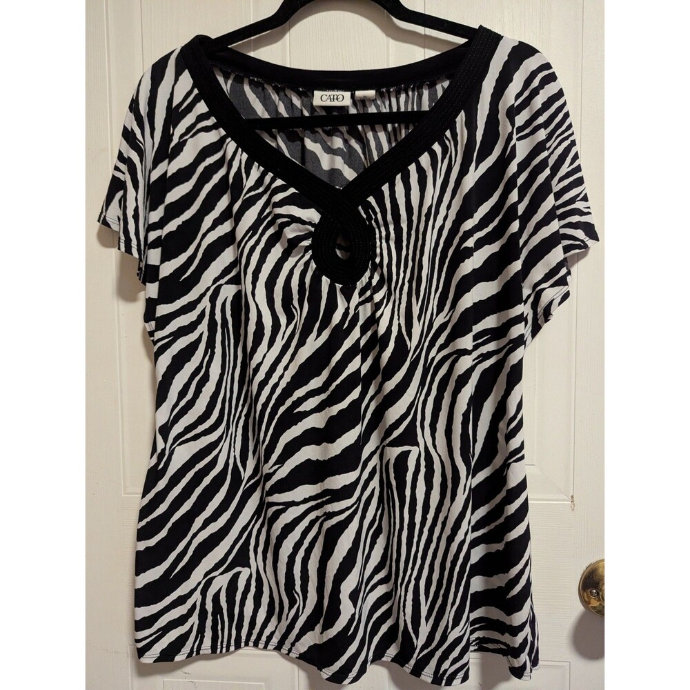 Cato Black White Zebra Animal Print V-Neck Keyhole Dolman XL Blouse Flutter